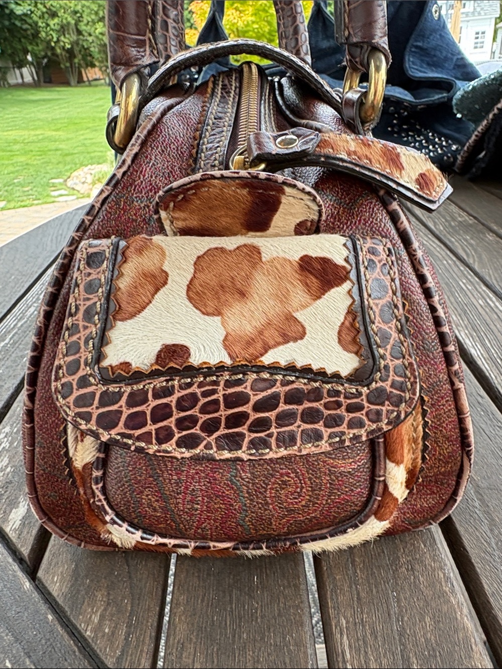 Etro Rare Brown and Cream Animal-Print Satchel with Gold Hardware - Picture 5 of 17